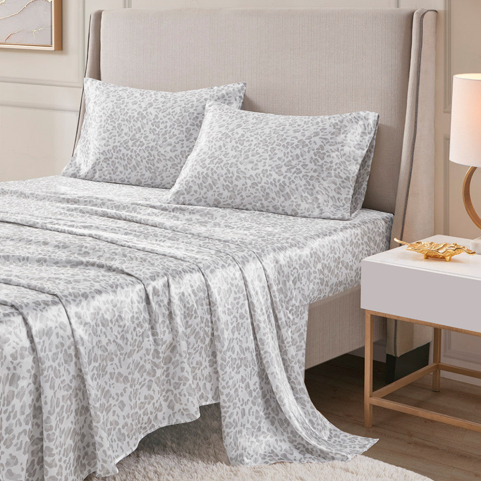 Madison Park Essentials Printed Satin Sheet Set, Full Gray Leopard