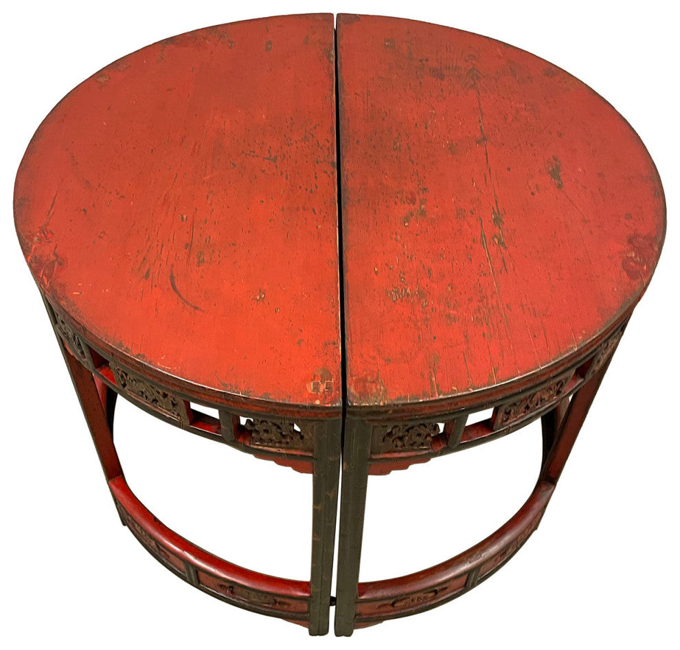 Consigned 19th Century Antique Chinese Carved Red lacquered Half Moon Tables
