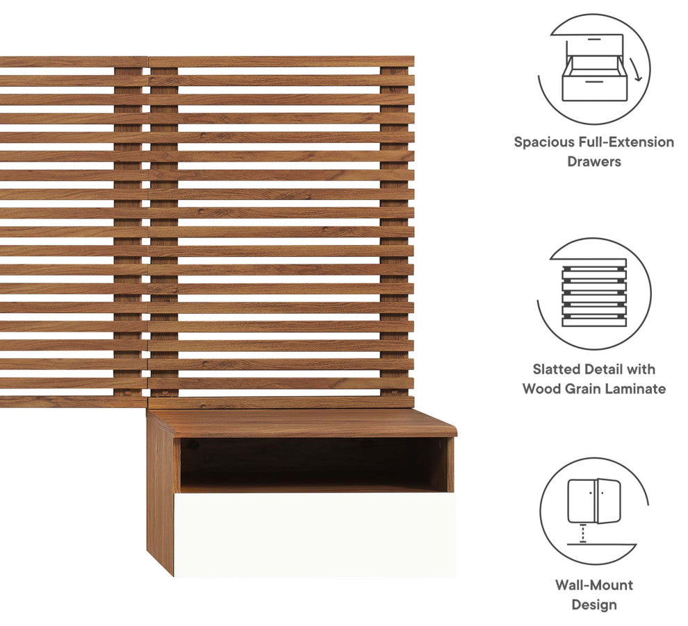 Render Wall Mount Queen Headboard and Modern Nightstands, Walnut