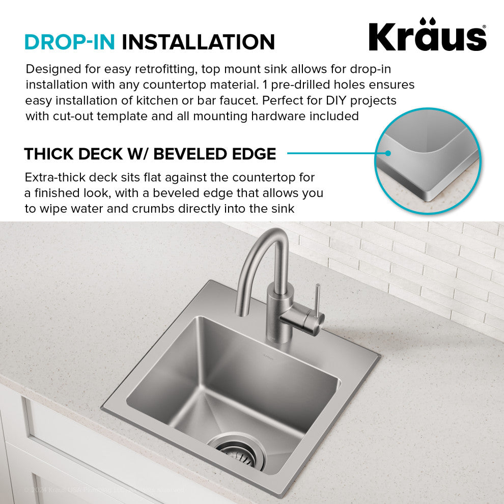 KRAUS Fairlane 15" Drop, / Top Mount 1-Bowl Stainless Steel Kitchen Sink