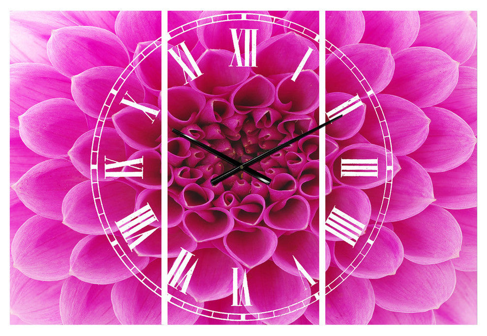Large Pink Flower and Petals Traditional 3 Panels Metal Clock