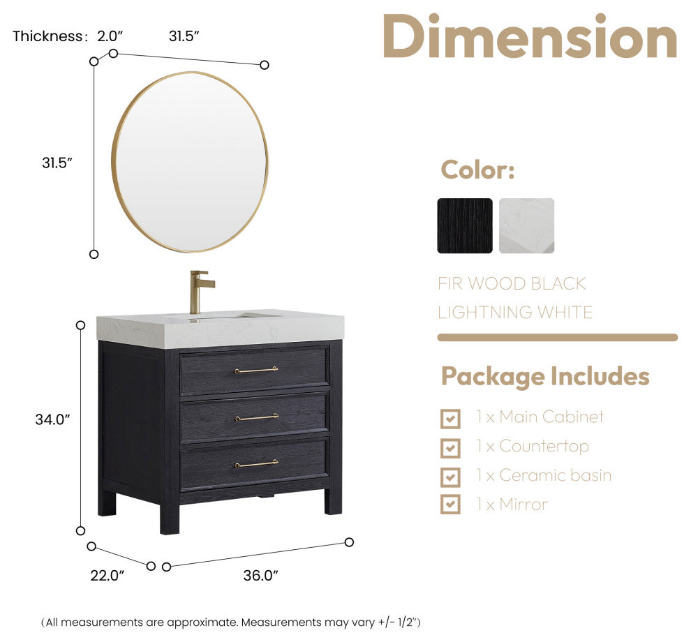 Leon Bath Vanity With Composite Stone Top, Fir Wood Black, 36", With Mirror