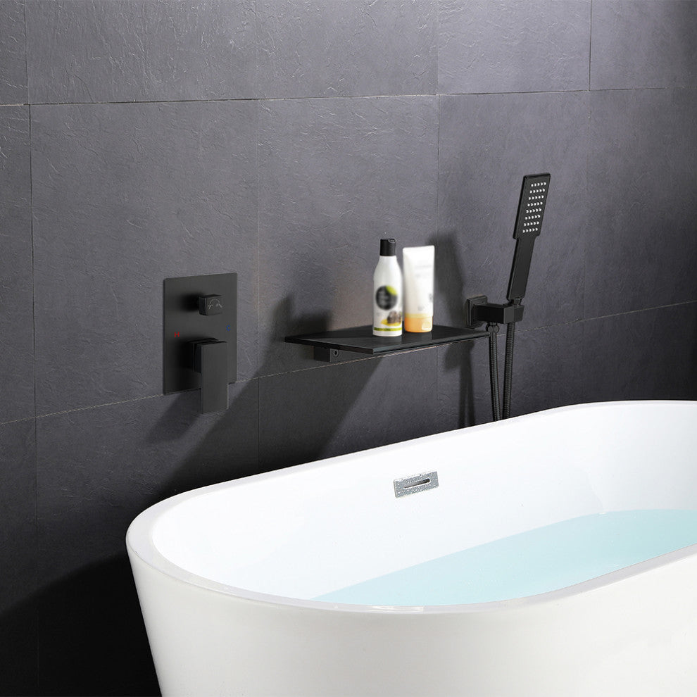 Solid Brass Waterfall Single Handle Wall-Mounted Bathtub Faucet Tub Filler, Black