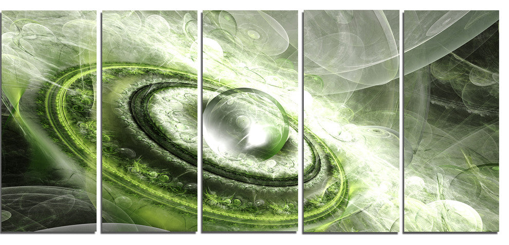 Green Fractal Flying Saucer, Abstract Canvas Art Print, 60"x28", 5 Panels