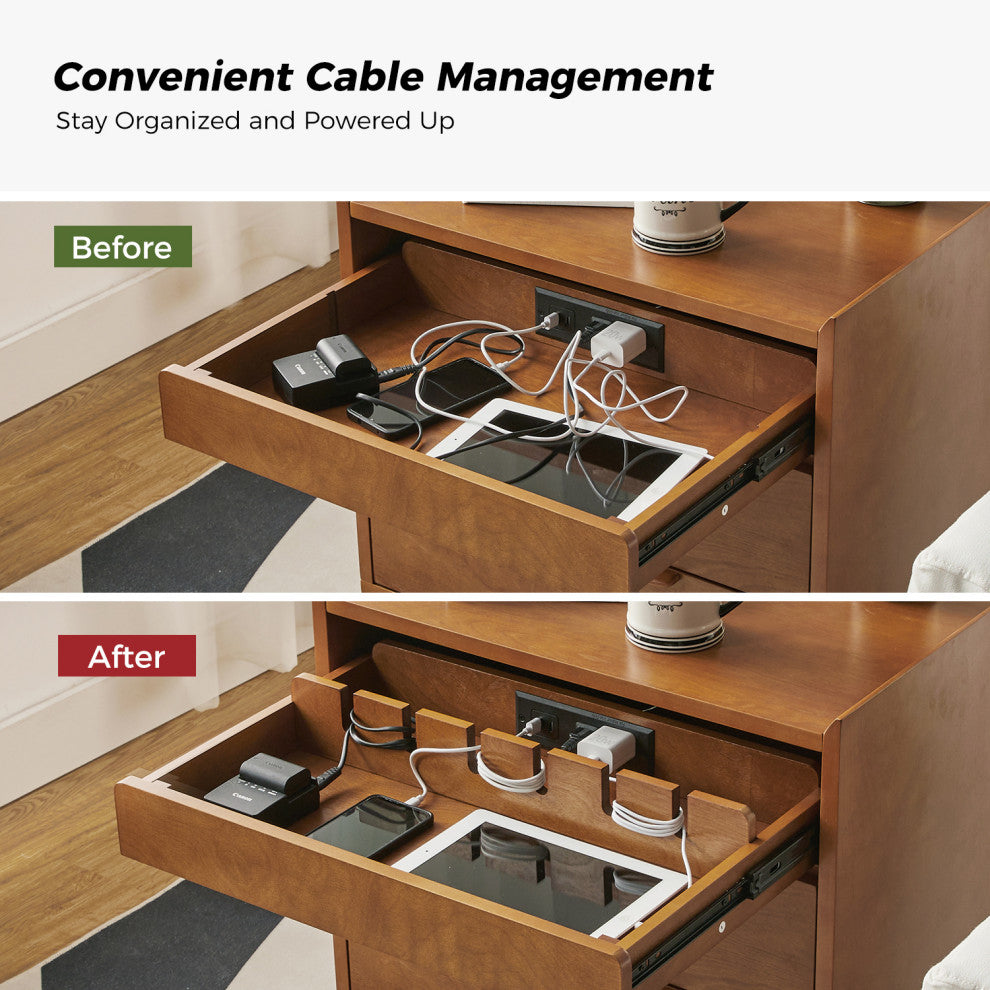 Mid-Century Modern 3-Drawer Nightstand With Charging Station, Acorn