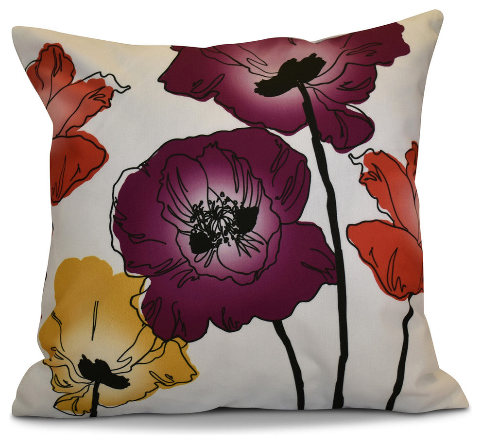 Poppies Floral Print Pillow, Purple, 26"x26"