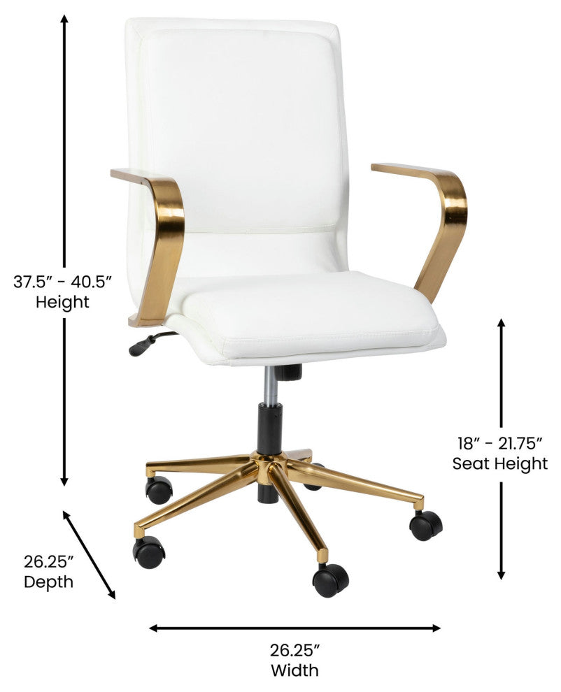 James Mid-Back Executive Upholstered Office Chair with Arms, White/Gold