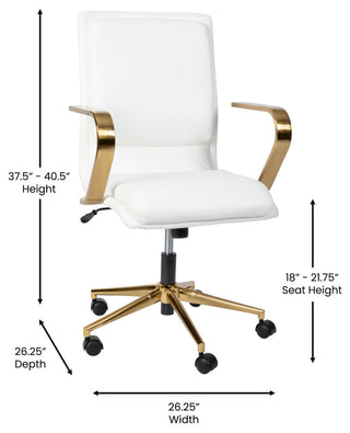 James Mid-Back Executive Upholstered Office Chair with Arms, White/Gold