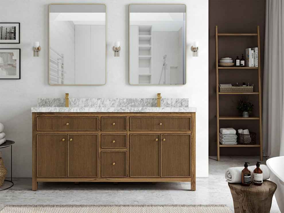 Sonoma Teak 72 Double Sink Bath Vanity in Dark Natural with 2" Carrara Marble