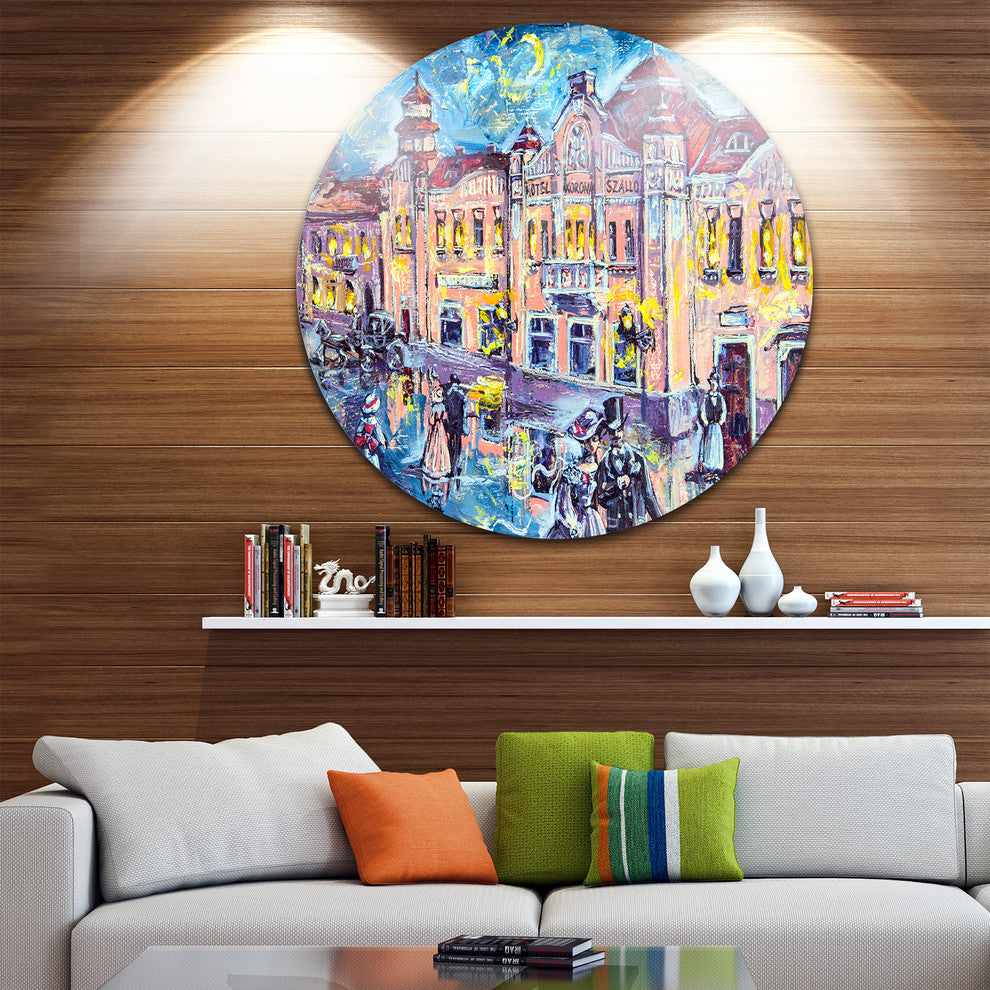 City At Night With People, Cityscape Round Metal Wall Art, 23"