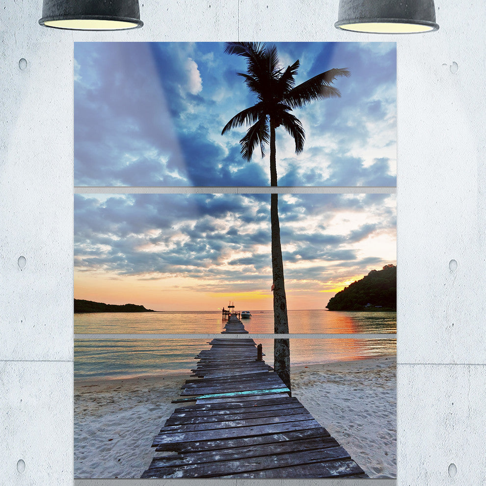 "Wooden Pier and Palm Tree" Photo Metal Wall Art, 3 Panels, 28"x36"