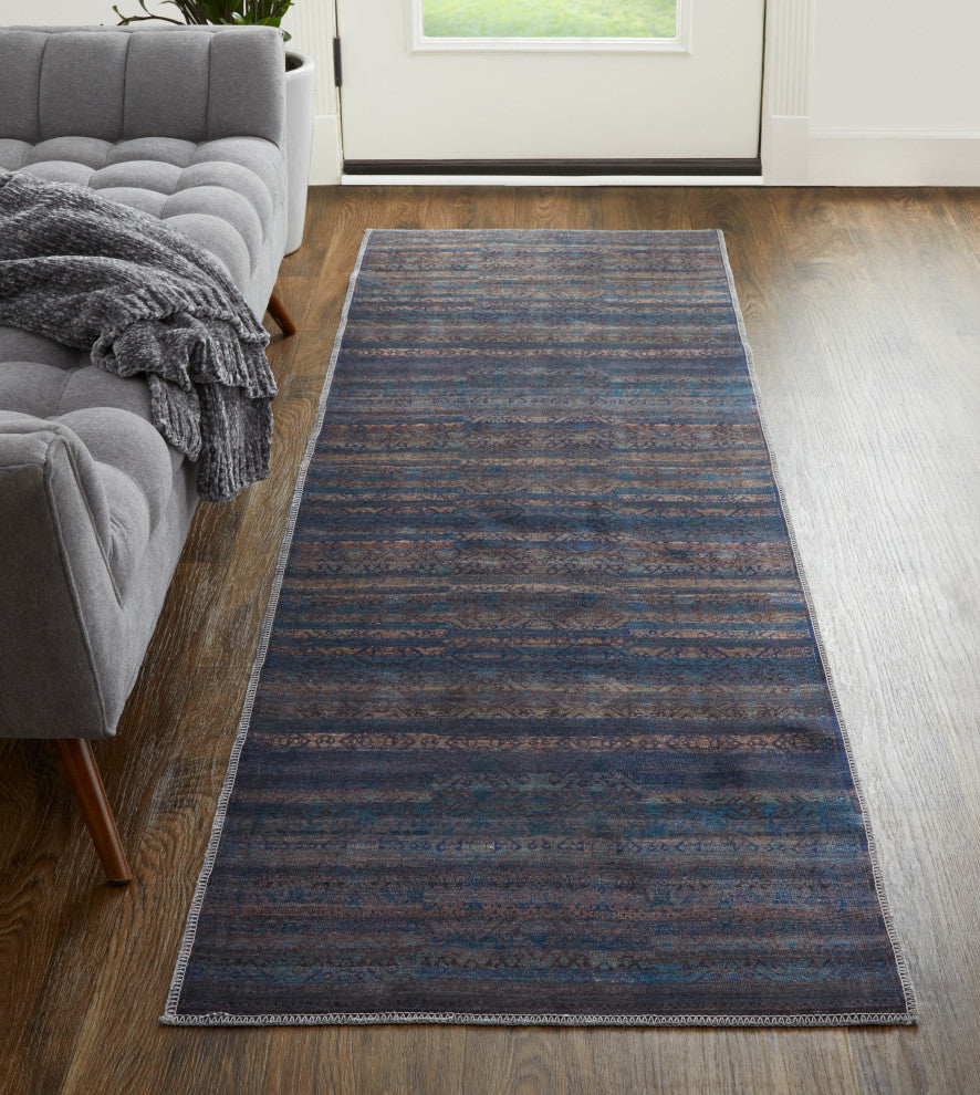 Weave & Wander Welch Oriental Machine Washable Blue/Green Rug, 2'7"x8' Runner