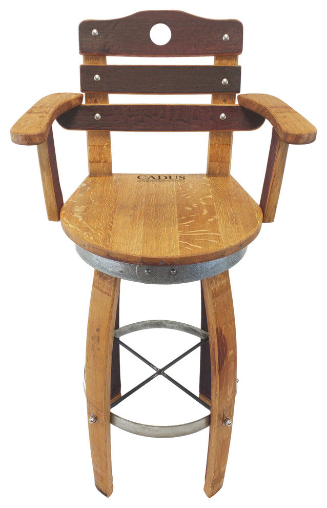 Swivel Top Wine Barrel Bar Stool With Stave Backrest, 26" Sit Height, Regular Leg Style