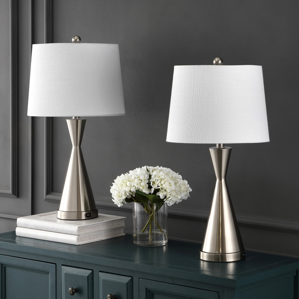 Colton 26" French Country Iron Table Lamp, USB Charging, Set of 2, Nickel