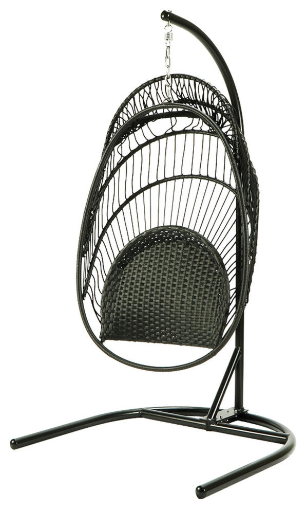 Outdoor Patio Swing Chair Egg Hanging With Cushion and Pillow, Black Beige