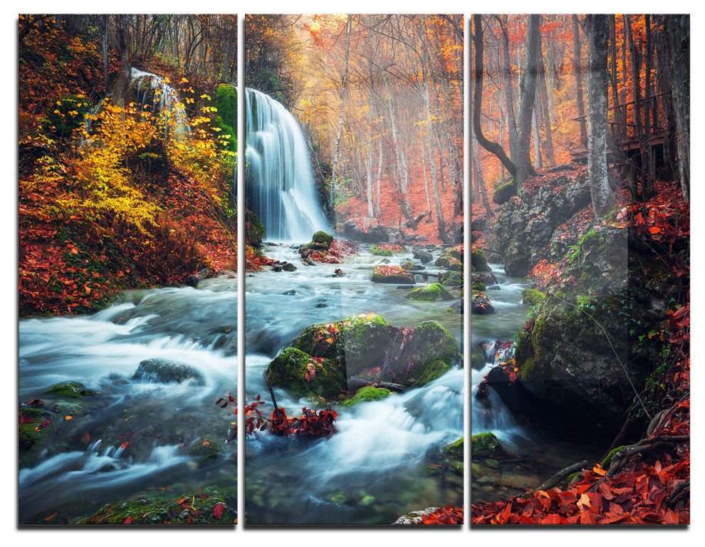 "Autumn Mountain Waterfall Long View" Metal Wall Art, 3 Panels, 36"x28"