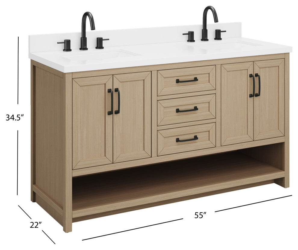 The Asher Bathroom Vanity, Oak, 55", Double Sink, Freestanding
