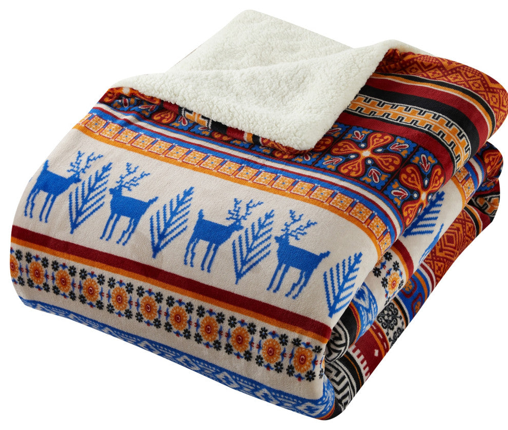 Noelle 3 Piece Sherpa Comforter Bed Set, Multi-Color, Elk Animal Print, Queen