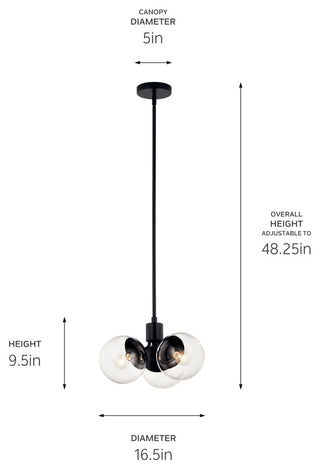 Silvarious 16.5" 3 Light Convertible Pendant, Black, Clear Glass
