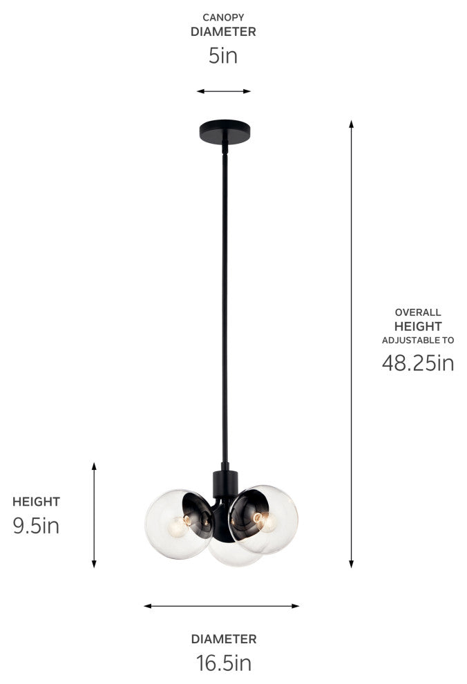 Silvarious 16.5" 3 Light Convertible Pendant, Black, Clear Glass