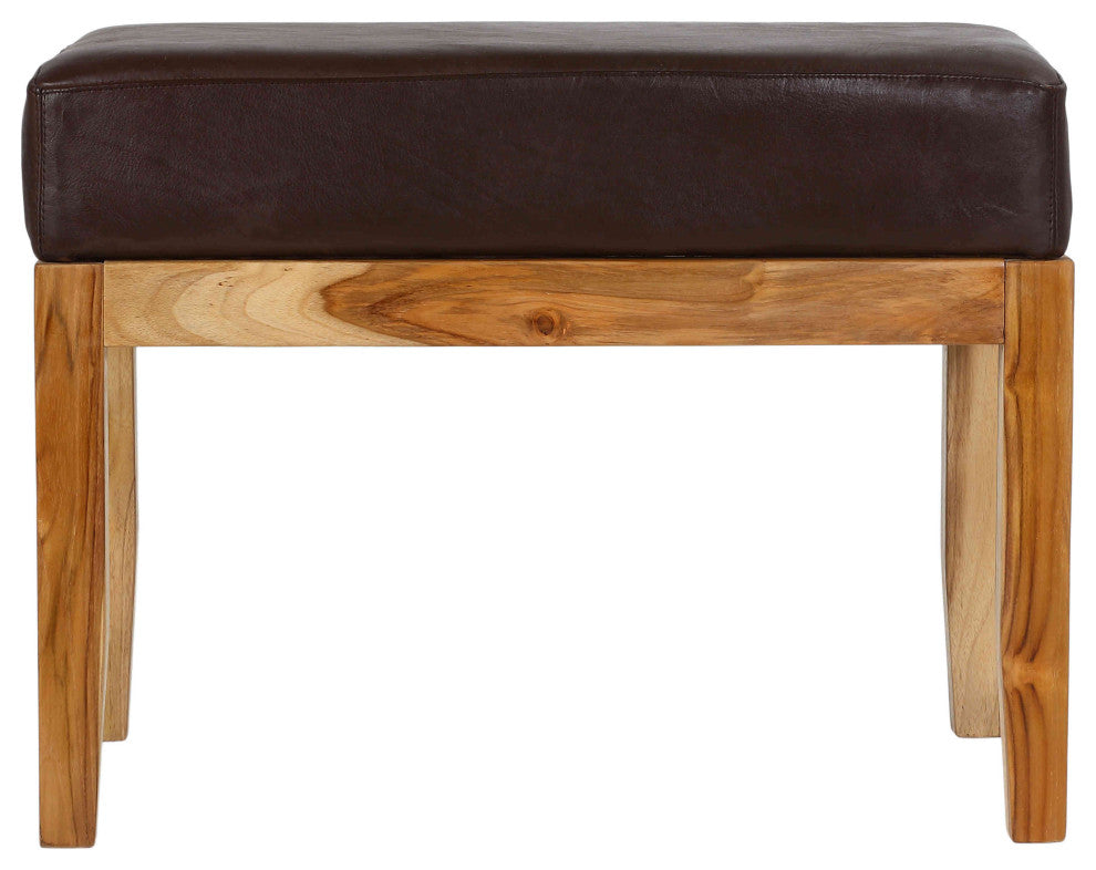 Bare Decor Luisa Bench Genuine 100% Leather and Teak, Brown