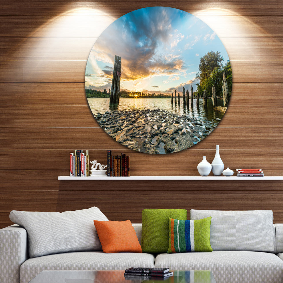 Riverside Sunset With Wood, Seascape Disc Metal Wall Art, 36"