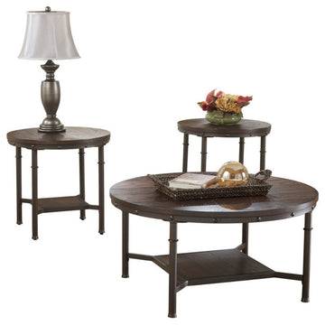Industrial Style Round Wooden Table Set with Tubular Metal Base, Set of 3, Brown
