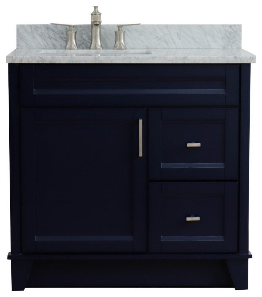 37" Single Sink Vanity, Blue Finish With White Carrara Marble