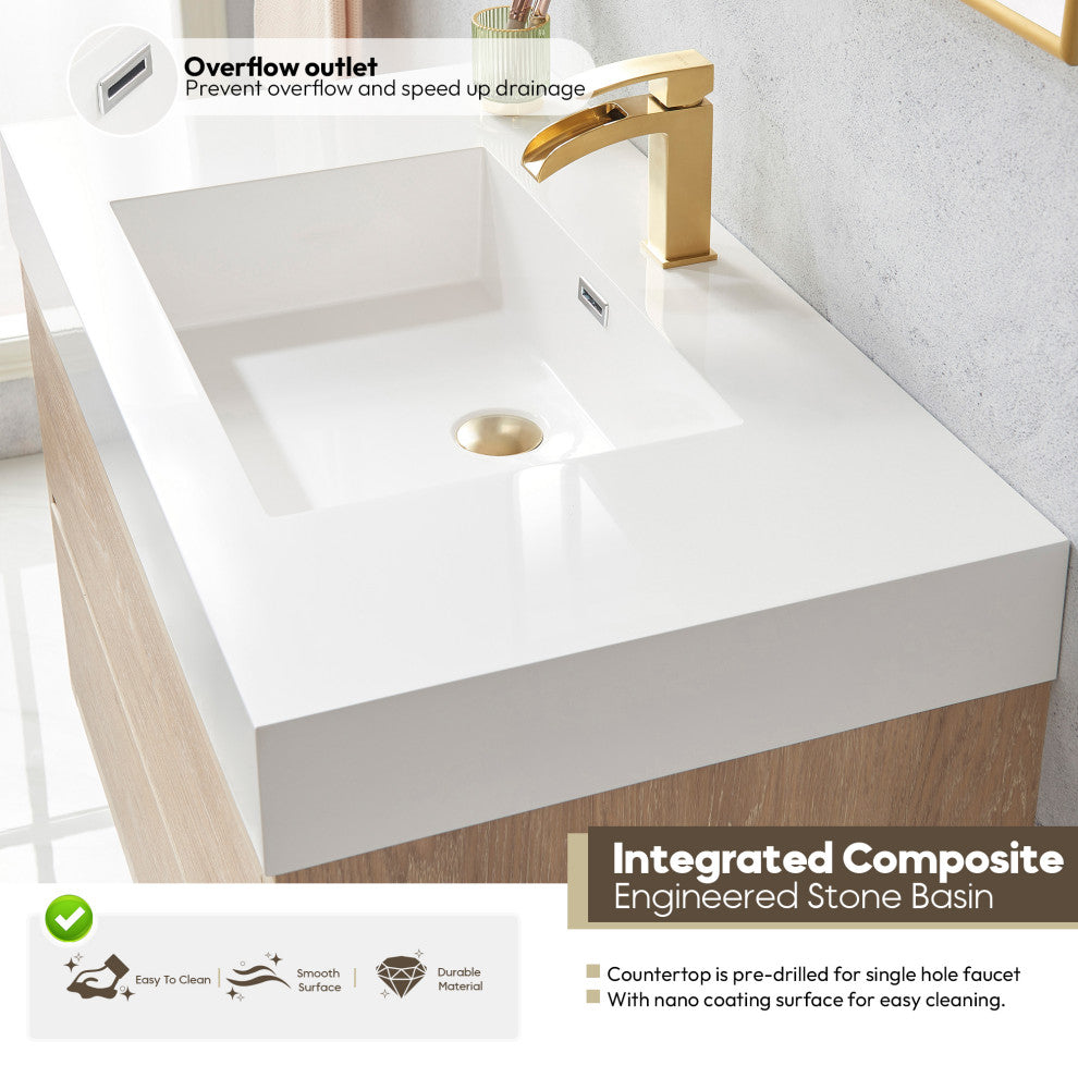 Palencia Floating Bath Vanity With Composite Stone Top, North American Oak, 36", No Mirror