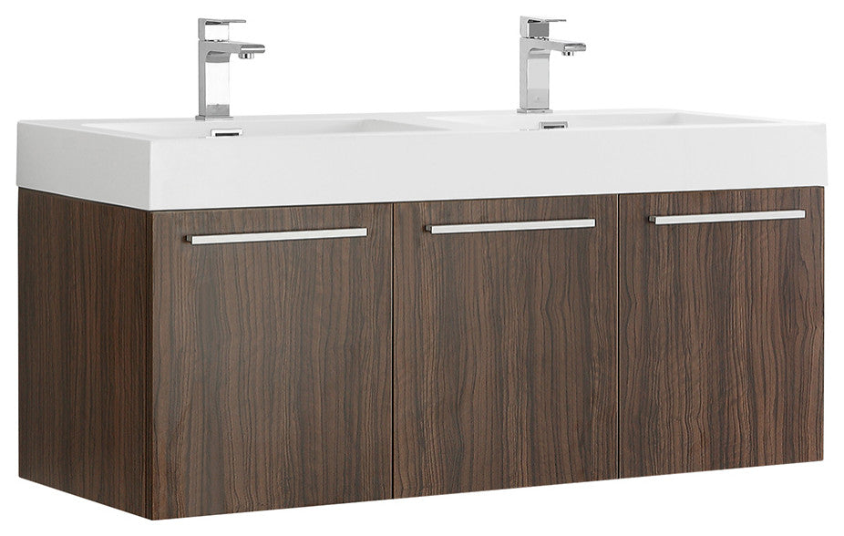 48" Walnut Wall Hung Double Sink Modern Bathroom Cabinet w/ Integrated Sink