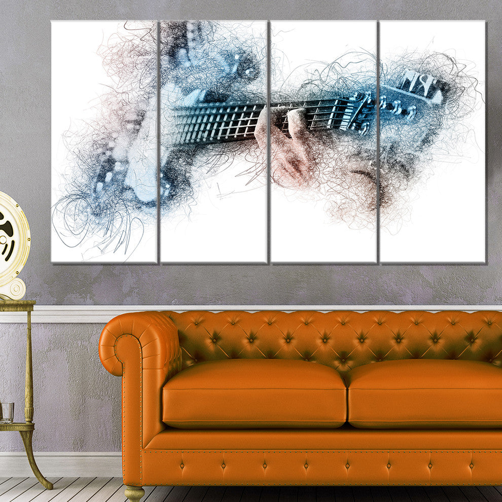 Man Playing A Guitar Watercolor, Contemporary Canvas Print, 48"x28", 4 Panels