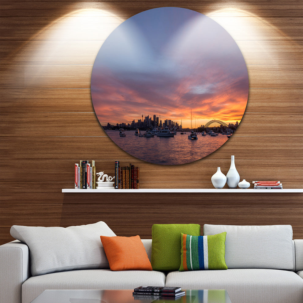 Ferry In Sydney Harbor At Sunset, Landscape Round Wall Art, 23"