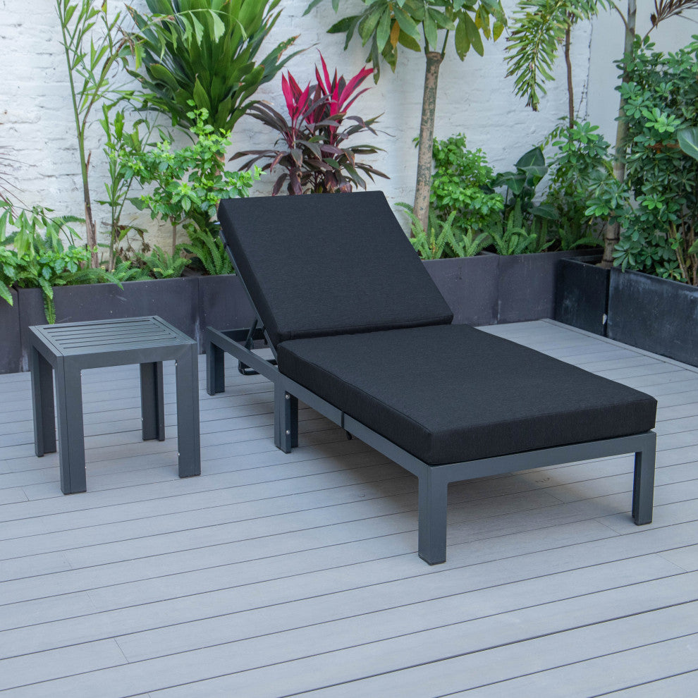 LeisureMod Chelsea Chaise Lounge Chair With Cushions & Side Table, Black