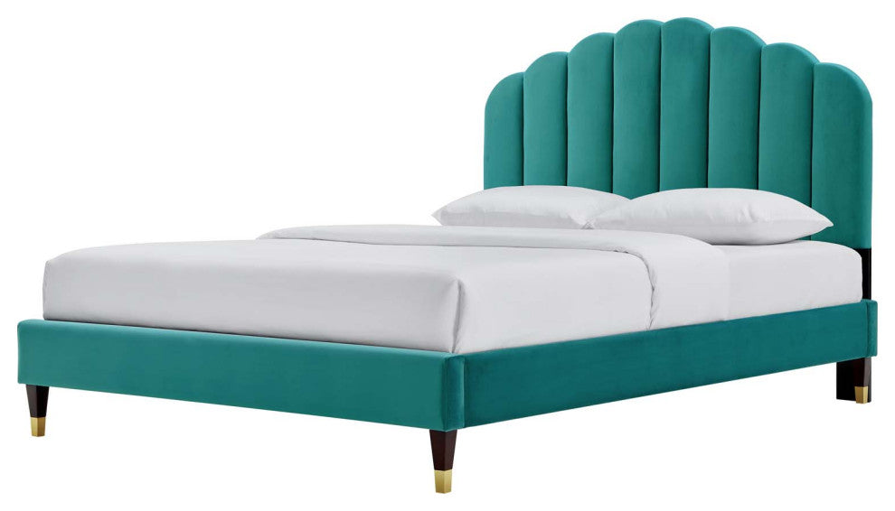 Platform Bed Frame, Queen Size, Teal Blue, Velvet, Modern, Bedroom Guest Suite