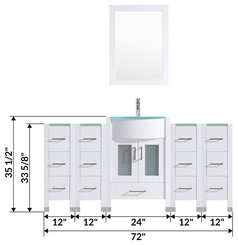 72" White Vanity, 24" Single Sink Base, Quad 12 Drawer Bases, LV3-C7-72-W