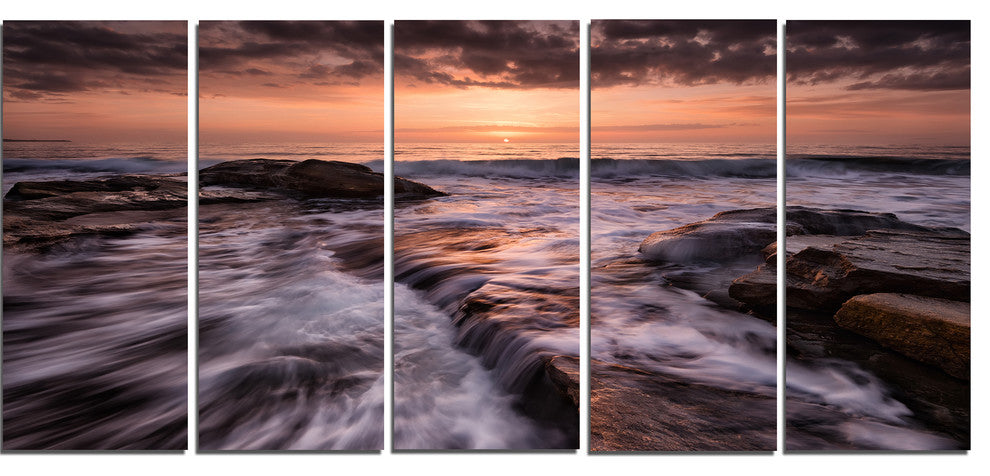"Exotic Flow of Waters Over Rocks" Seascape Wall Art, 5 Panels, 60"x28"