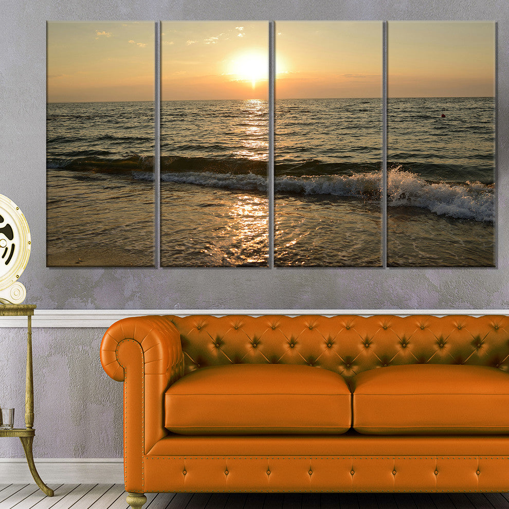 "Black Seascape in Morning Sunlight" Beach Canvas Wall Art, 4 Panels, 48"x28"