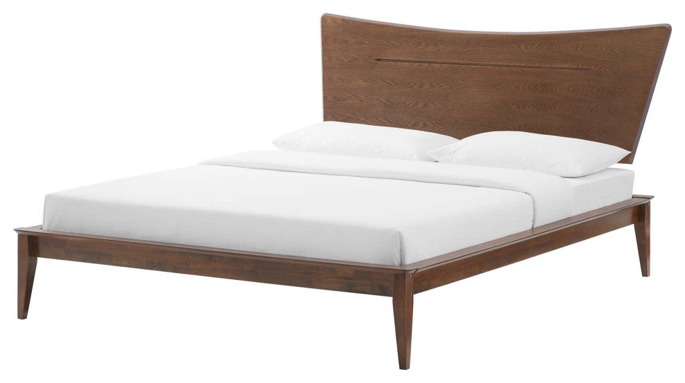 Platform Bed Frame, Full Size, Wood, Brown Walnut, Modern Mid-Century, Bedroom
