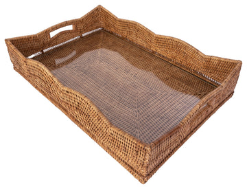 Artifacts Rattan™ Scallop Rectangular Tray with Glass Insert, Honey Brown
