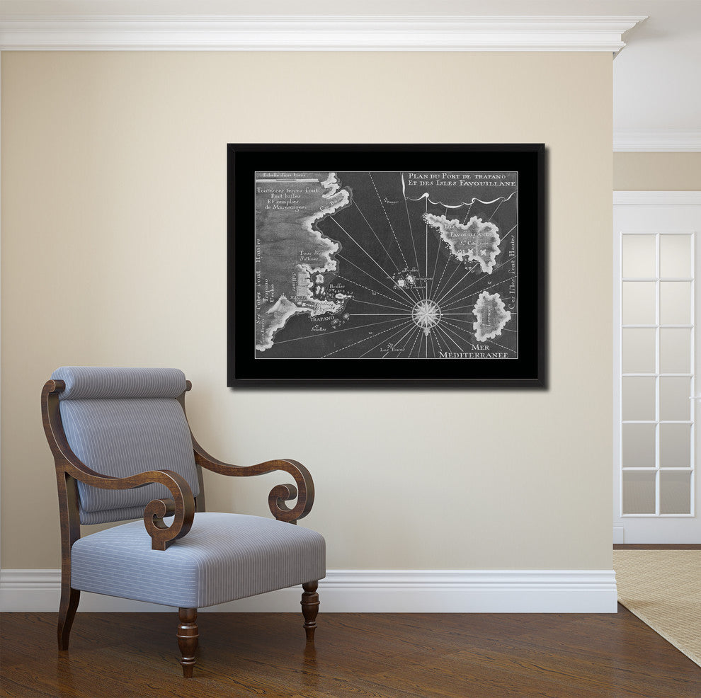 Sicily West Aegadian Islands Vintage Monochrome Map Canvas, 16"x21"