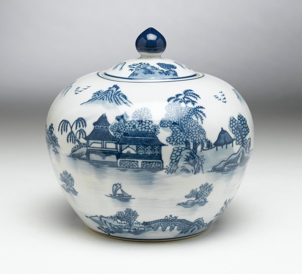 Blue and White Round Jar With Lid