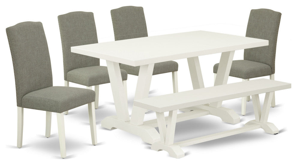 6-Piece Table Dining Set, Dark Shitake Chairs, Bench and Top Table, Linen White