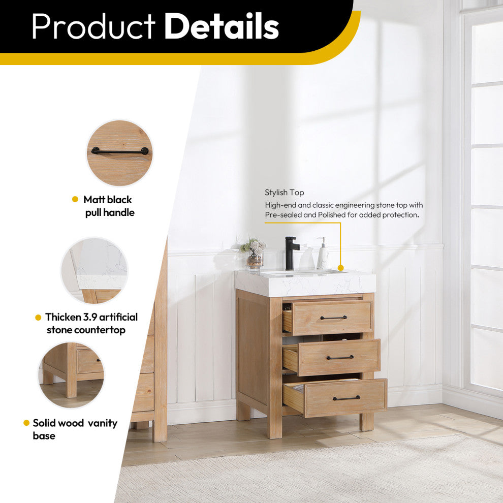 Leon Bath Vanity With Composite Stone Top, Fir Wood Brown, 24", No Mirror