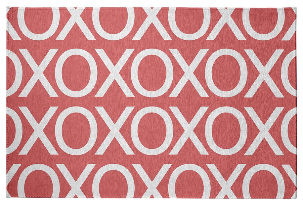 Hugs and Kisses Valentines Chenille Rug, Coral, 4'x6'