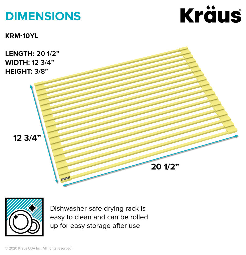 Kraus KRM-10YL Multipurpose Over-Sink Roll-Up Dish Drying Rack, Yellow