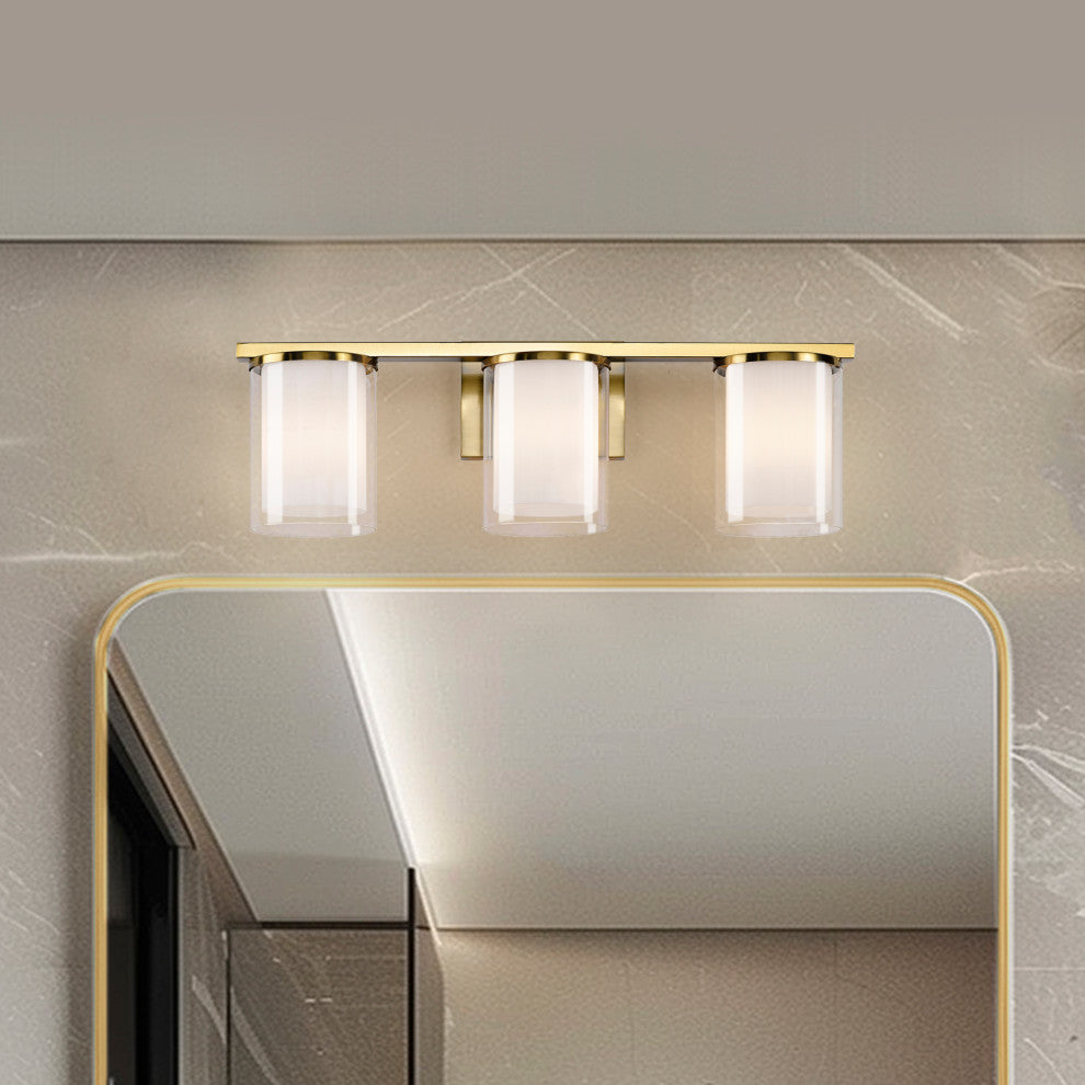 3-Light Gold Modern Vanity Light With Clear Glass and White Glass Dual Shades
