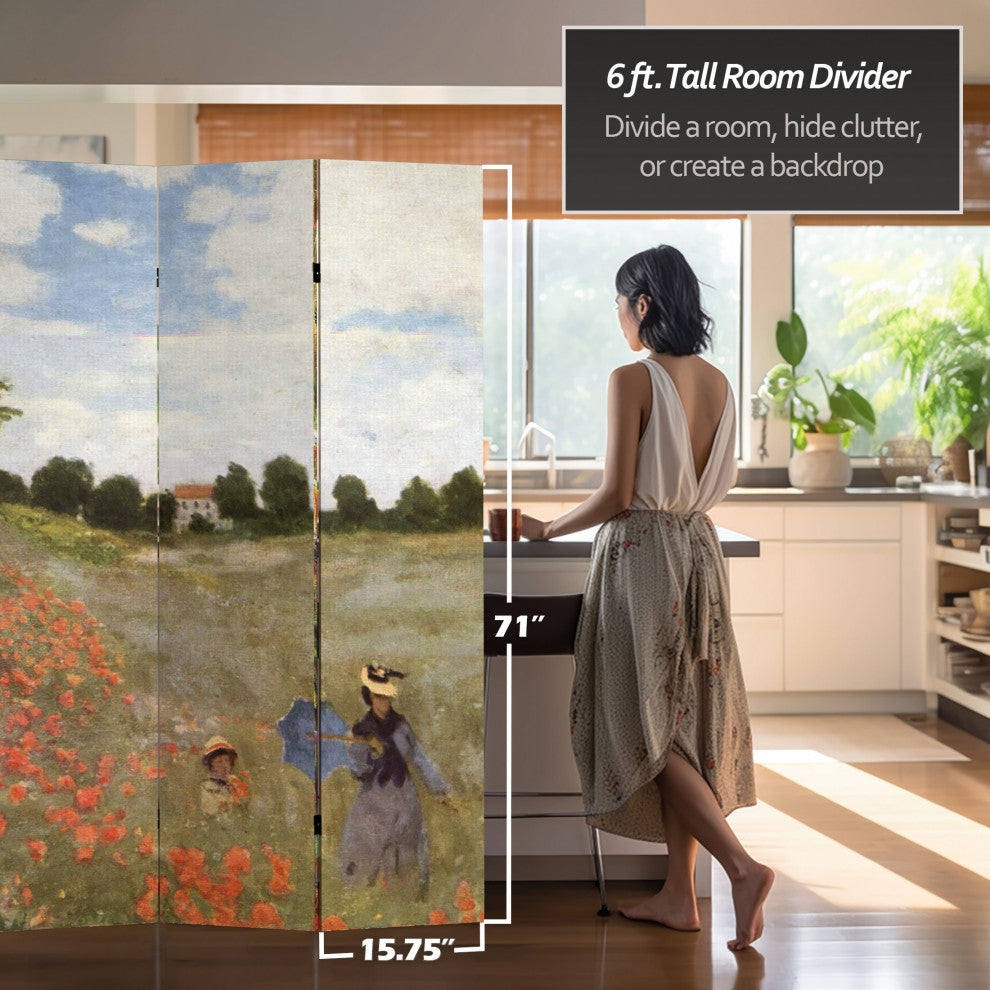 6' Tall Double Sided Works of Monet Canvas Room Divider 4 Panel