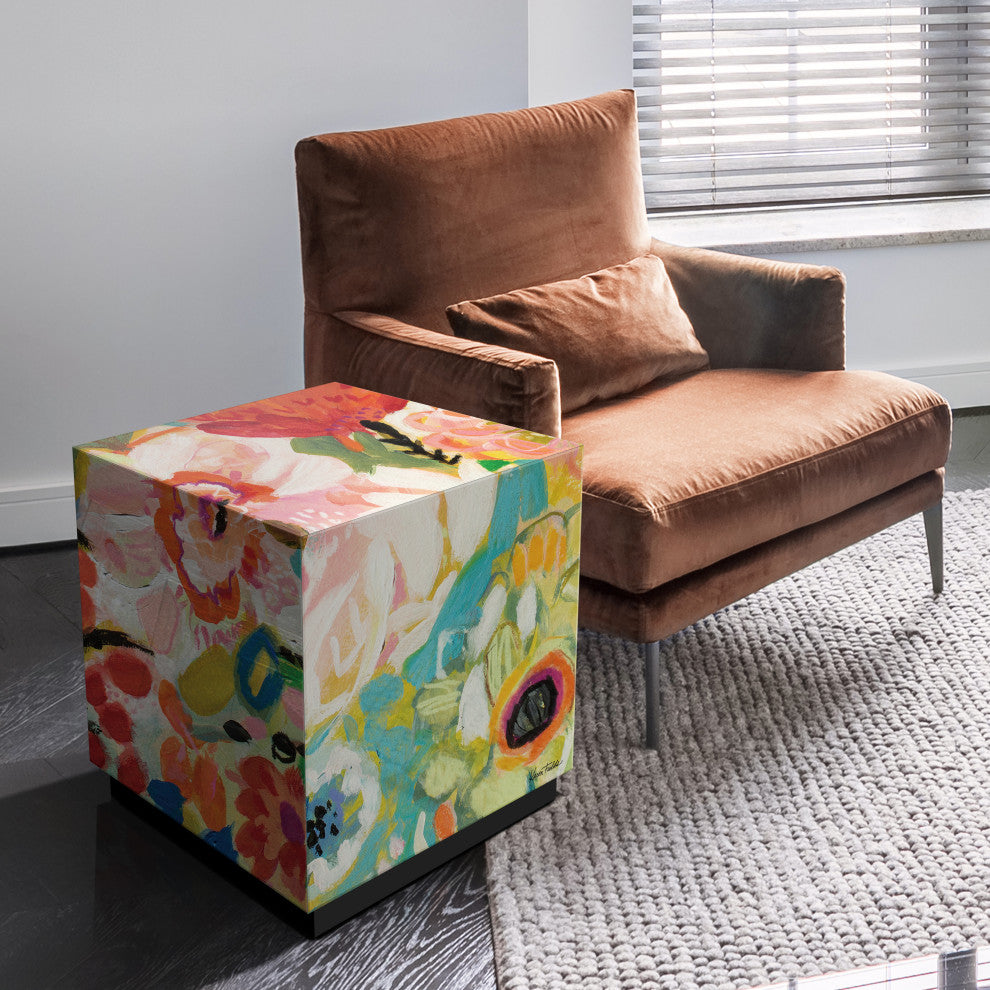 "Secret Garden Floral III" Printed Art Glass Side Table with Black Plinth Base