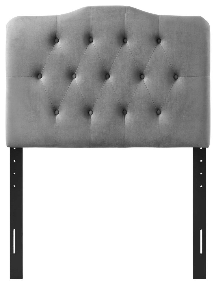 Contemporary Modern Twin Size Tufted Headboard, Velvet Fabric, Grey Gray