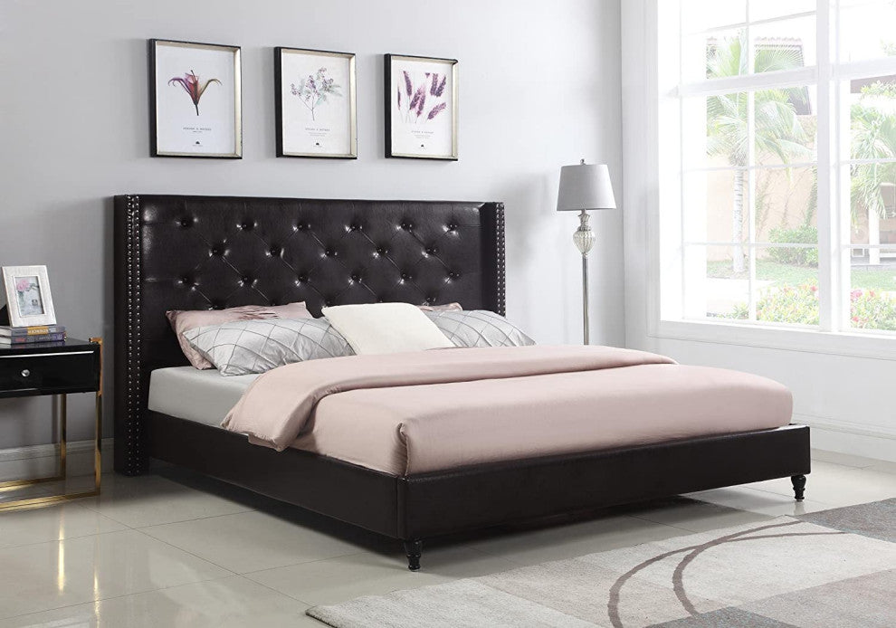 Elegant Platform Bed, Brown Faux Leather Upholstery & Tufted Headboard, Full